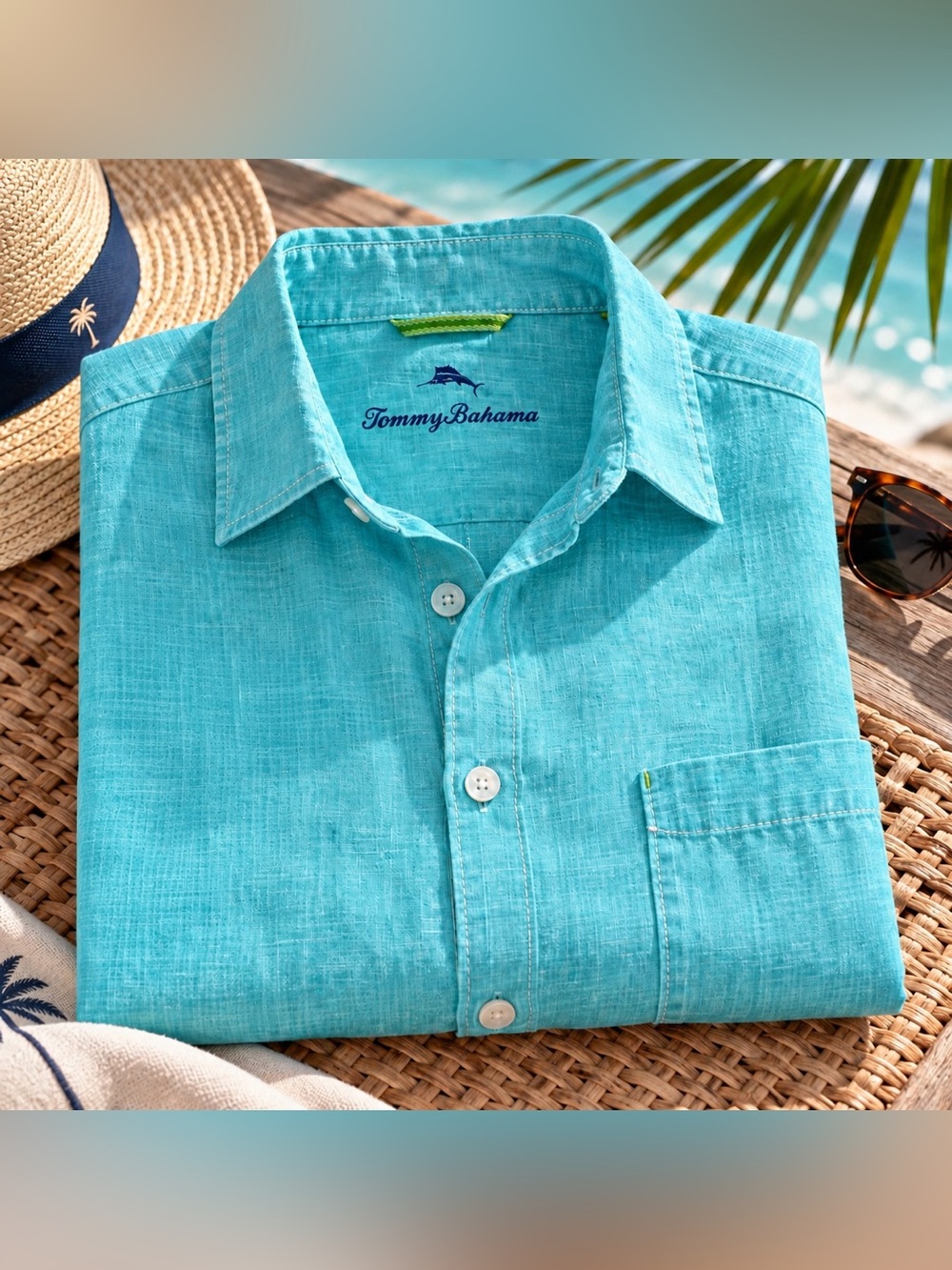 Tommy Bahama Sea Glass Breezer Linen Shirt Men’s XL Lawn Chair Aqua